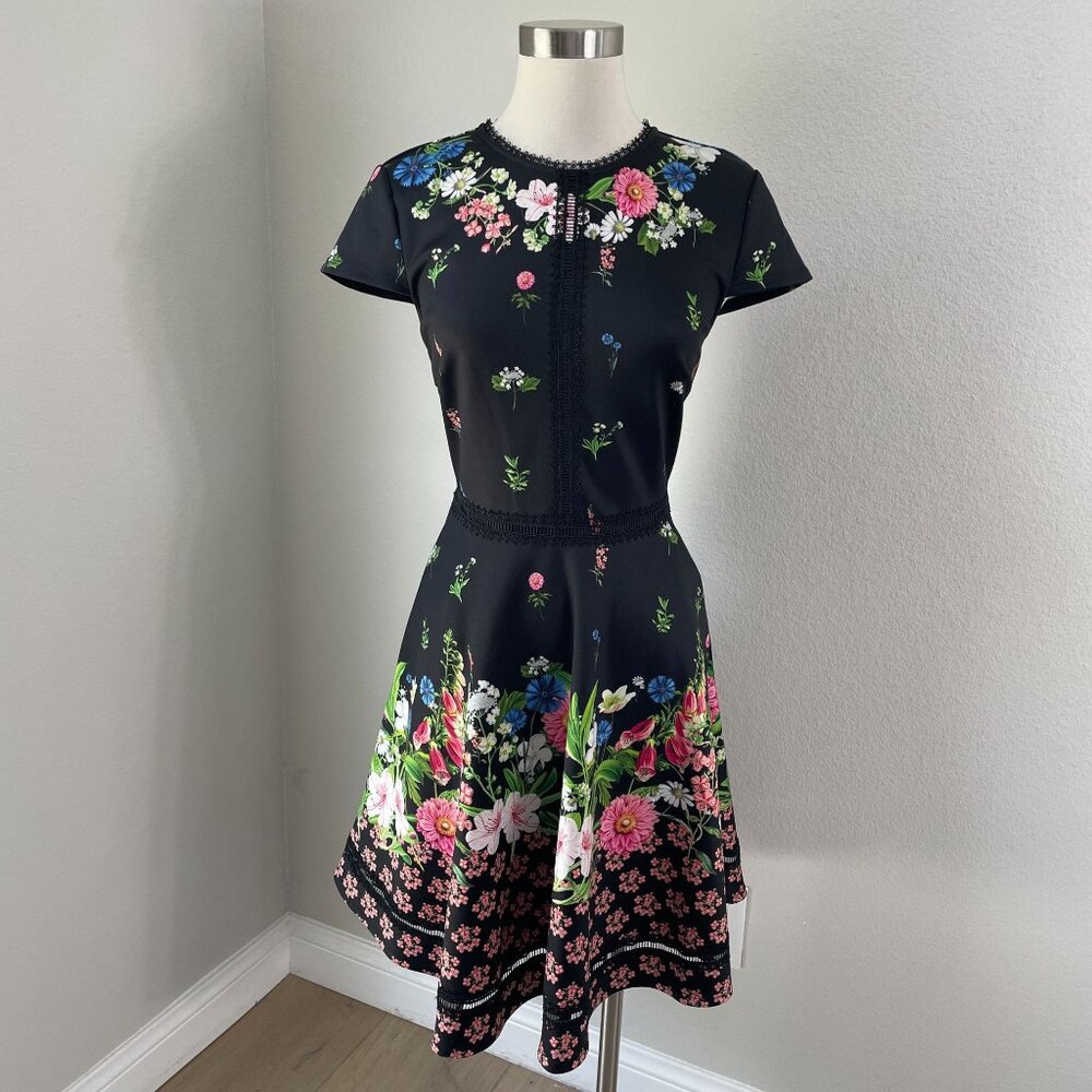 Ted Baker London Womens‎ 2 Daissie Florence floral Trim Skater Dress Fit Flare